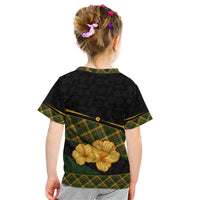 Martinique Heritage Kid T Shirt Hibiscus Floral Design with Green and Yellow Madras Tartan