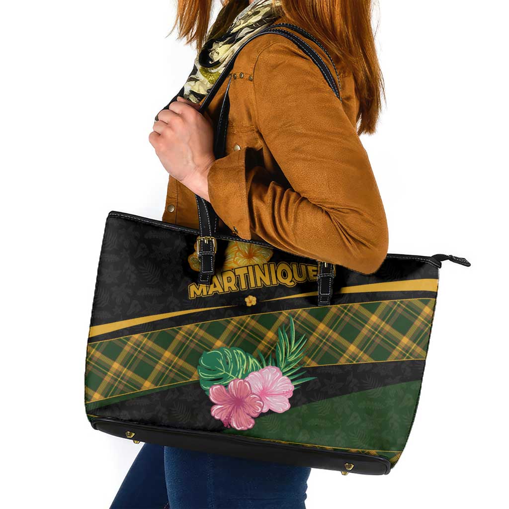 Martinique Heritage Leather Tote Bag Hibiscus Floral Design with Green and Yellow Madras Tartan