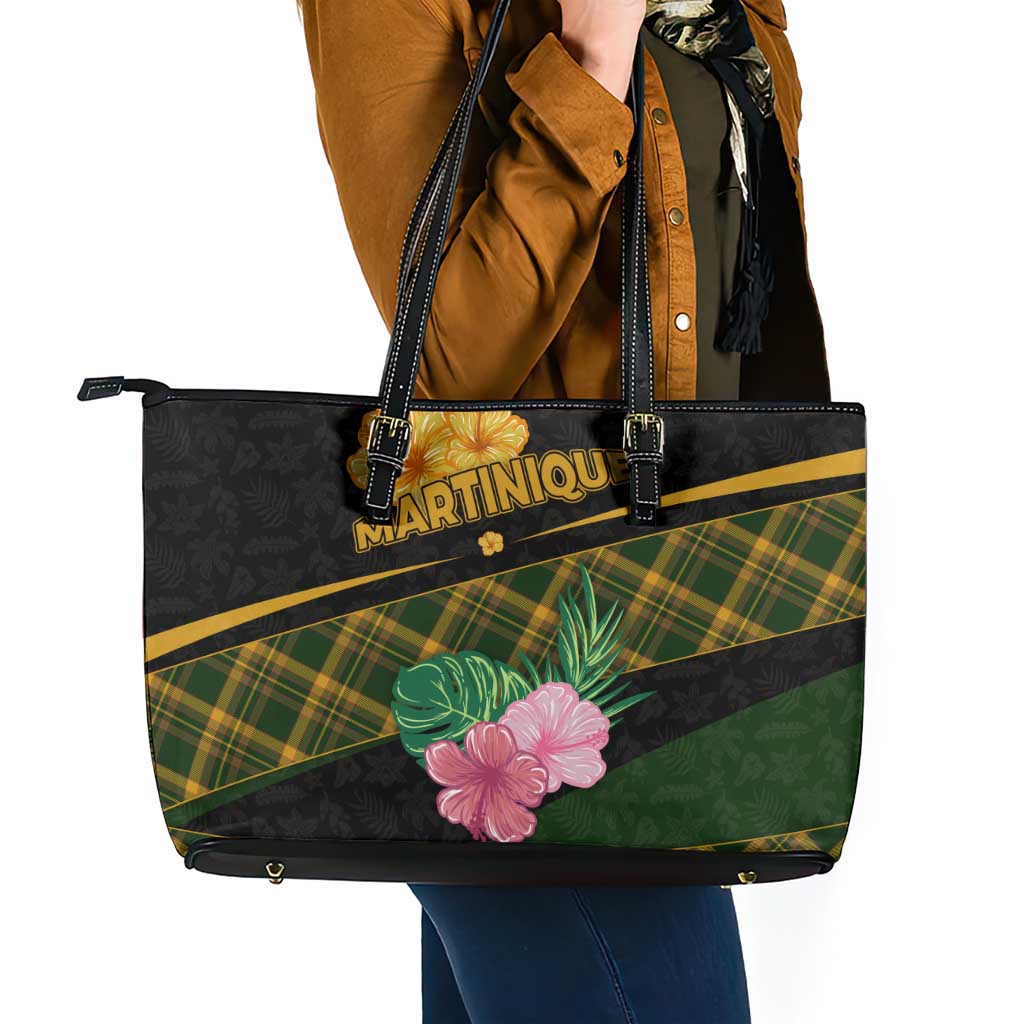 Martinique Heritage Leather Tote Bag Hibiscus Floral Design with Green and Yellow Madras Tartan