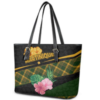 Martinique Heritage Leather Tote Bag Hibiscus Floral Design with Green and Yellow Madras Tartan