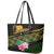 Martinique Heritage Leather Tote Bag Hibiscus Floral Design with Green and Yellow Madras Tartan