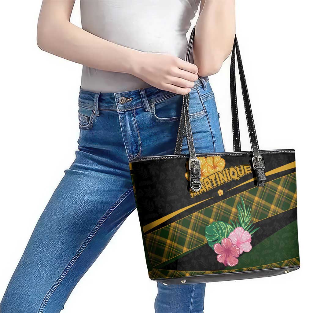 Martinique Heritage Leather Tote Bag Hibiscus Floral Design with Green and Yellow Madras Tartan