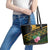 Martinique Heritage Leather Tote Bag Hibiscus Floral Design with Green and Yellow Madras Tartan