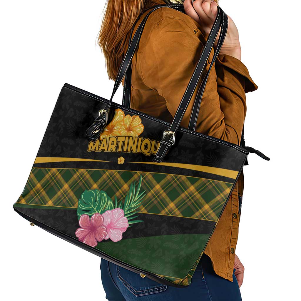 Martinique Heritage Leather Tote Bag Hibiscus Floral Design with Green and Yellow Madras Tartan