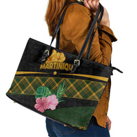 Martinique Heritage Leather Tote Bag Hibiscus Floral Design with Green and Yellow Madras Tartan