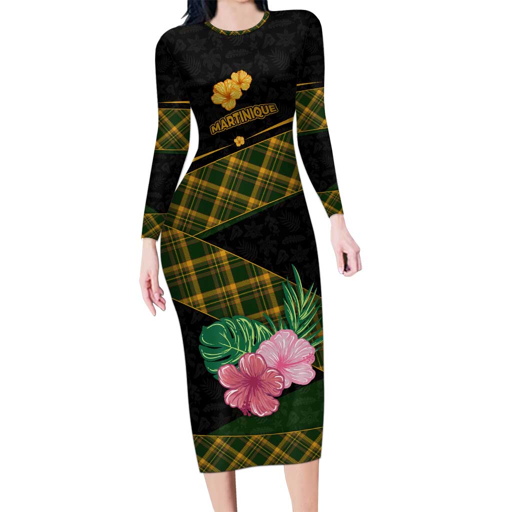 Martinique Heritage Long Sleeve Bodycon Dress Hibiscus Floral Design with Green and Yellow Madras Tartan