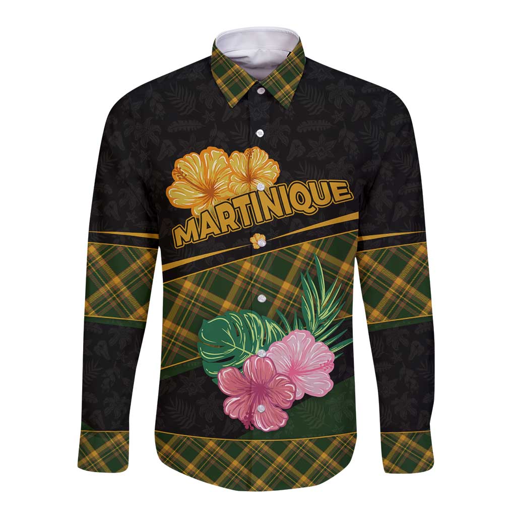 Martinique Heritage Long Sleeve Button Shirt Hibiscus Floral Design with Green and Yellow Madras Tartan