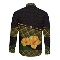 Martinique Heritage Long Sleeve Button Shirt Hibiscus Floral Design with Green and Yellow Madras Tartan