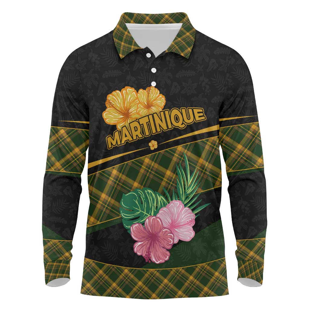 Martinique Heritage Long Sleeve Polo Shirt Hibiscus Floral Design with Green and Yellow Madras Tartan
