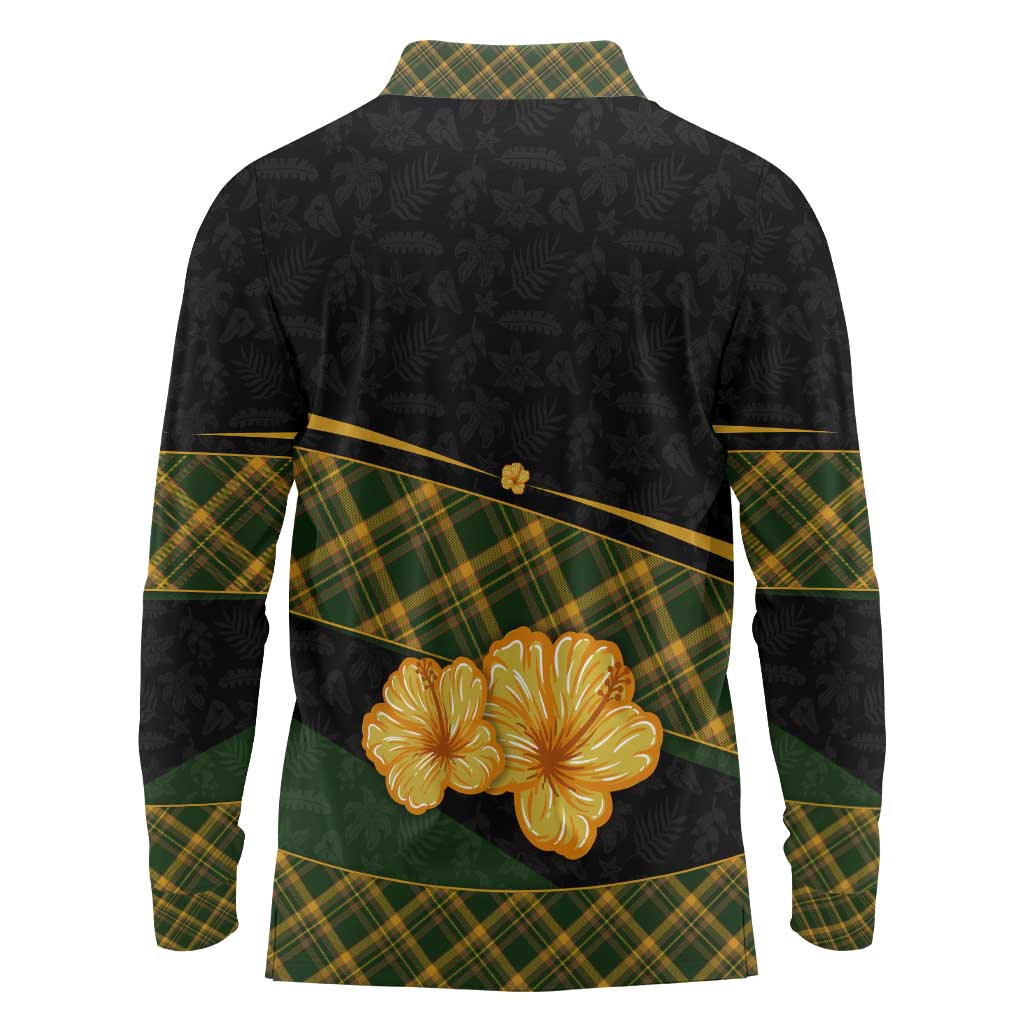 Martinique Heritage Long Sleeve Polo Shirt Hibiscus Floral Design with Green and Yellow Madras Tartan
