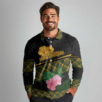 Martinique Heritage Long Sleeve Polo Shirt Hibiscus Floral Design with Green and Yellow Madras Tartan