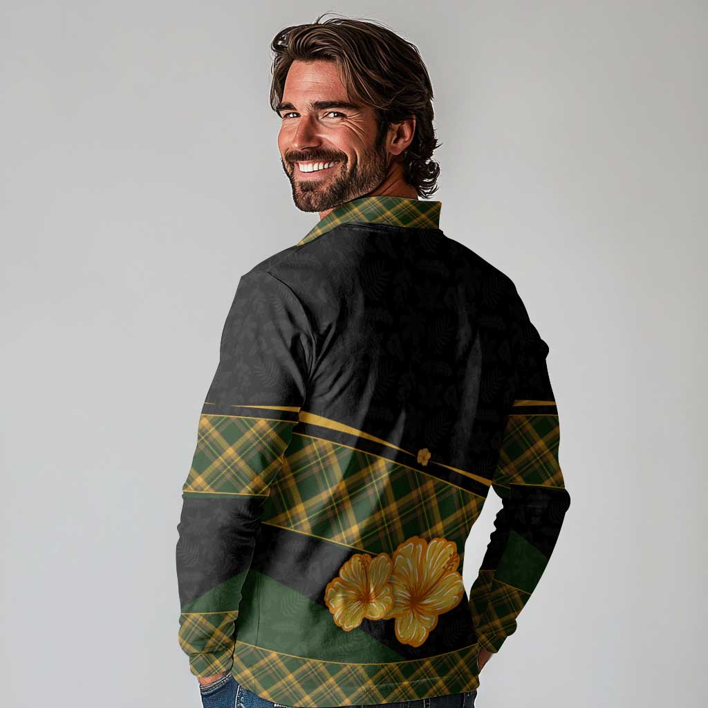 Martinique Heritage Long Sleeve Polo Shirt Hibiscus Floral Design with Green and Yellow Madras Tartan