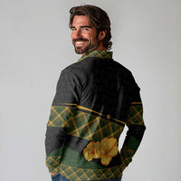 Martinique Heritage Long Sleeve Polo Shirt Hibiscus Floral Design with Green and Yellow Madras Tartan