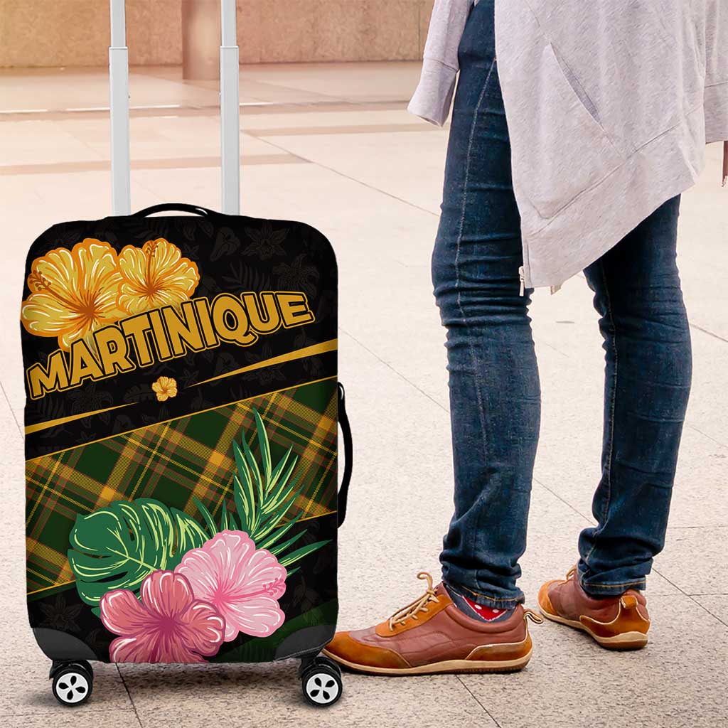 Martinique Heritage Luggage Cover Hibiscus Floral Design with Green and Yellow Madras Tartan