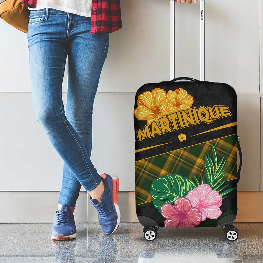 Martinique Heritage Luggage Cover Hibiscus Floral Design with Green and Yellow Madras Tartan