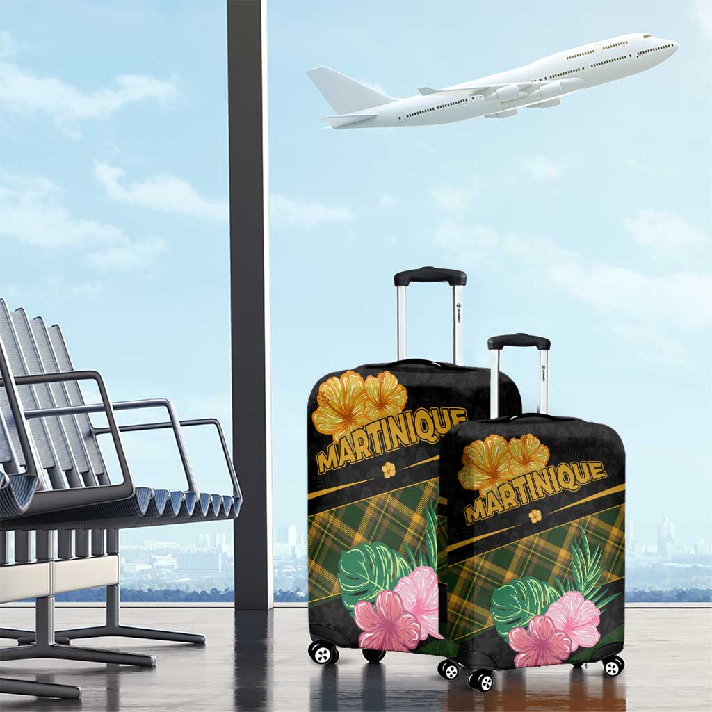 Martinique Heritage Luggage Cover Hibiscus Floral Design with Green and Yellow Madras Tartan