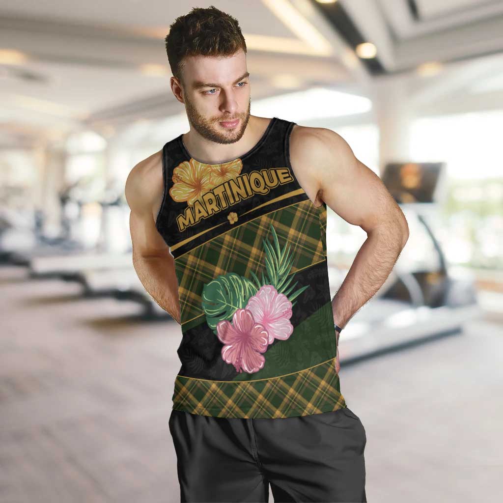 Martinique Heritage Men Tank Top Hibiscus Floral Design with Green and Yellow Madras Tartan