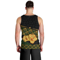 Martinique Heritage Men Tank Top Hibiscus Floral Design with Green and Yellow Madras Tartan