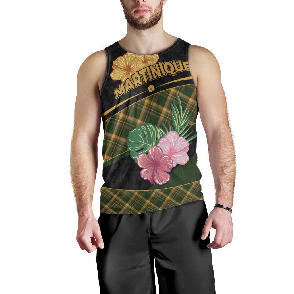 Martinique Heritage Men Tank Top Hibiscus Floral Design with Green and Yellow Madras Tartan