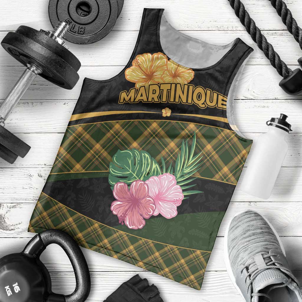 Martinique Heritage Men Tank Top Hibiscus Floral Design with Green and Yellow Madras Tartan