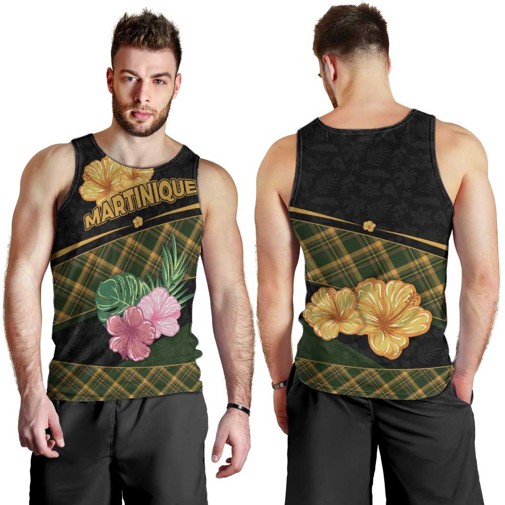 Martinique Heritage Men Tank Top Hibiscus Floral Design with Green and Yellow Madras Tartan