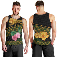 Martinique Heritage Men Tank Top Hibiscus Floral Design with Green and Yellow Madras Tartan