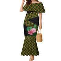 Martinique Heritage Mermaid Dress Hibiscus Floral Design with Green and Yellow Madras Tartan