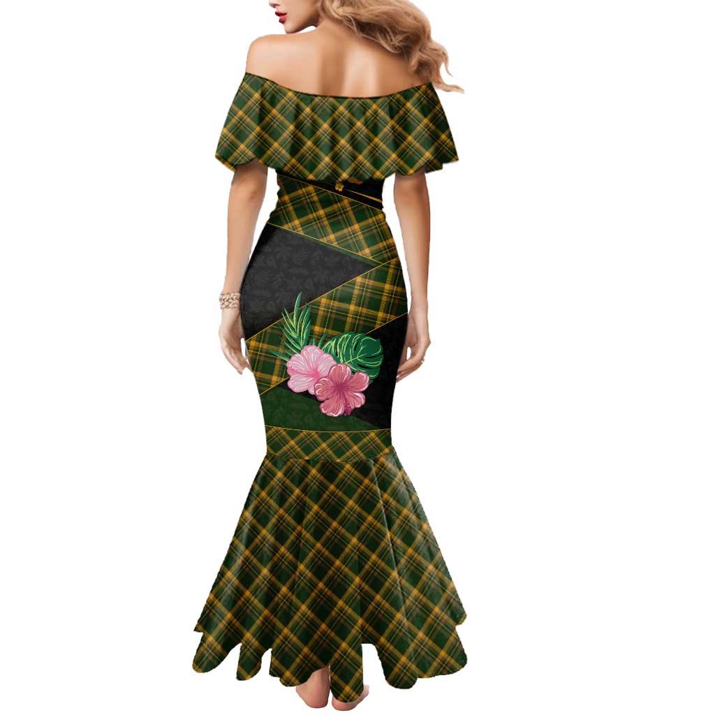 Martinique Heritage Mermaid Dress Hibiscus Floral Design with Green and Yellow Madras Tartan