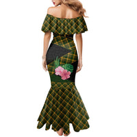 Martinique Heritage Mermaid Dress Hibiscus Floral Design with Green and Yellow Madras Tartan