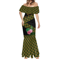 Martinique Heritage Mermaid Dress Hibiscus Floral Design with Green and Yellow Madras Tartan