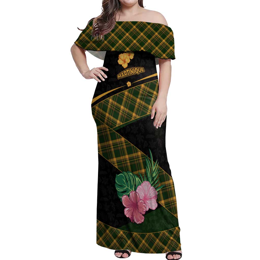 Martinique Heritage Off Shoulder Maxi Dress Hibiscus Floral Design with Green and Yellow Madras Tartan