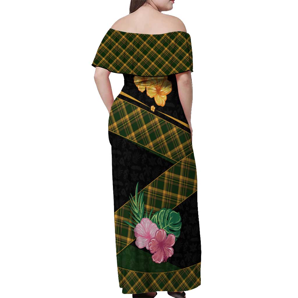 Martinique Heritage Off Shoulder Maxi Dress Hibiscus Floral Design with Green and Yellow Madras Tartan