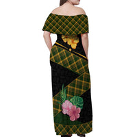 Martinique Heritage Off Shoulder Maxi Dress Hibiscus Floral Design with Green and Yellow Madras Tartan