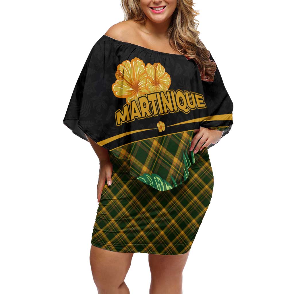 Martinique Heritage Off Shoulder Short Dress Hibiscus Floral Design with Green and Yellow Madras Tartan