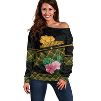 Martinique Heritage Off Shoulder Sweater Hibiscus Floral Design with Green and Yellow Madras Tartan