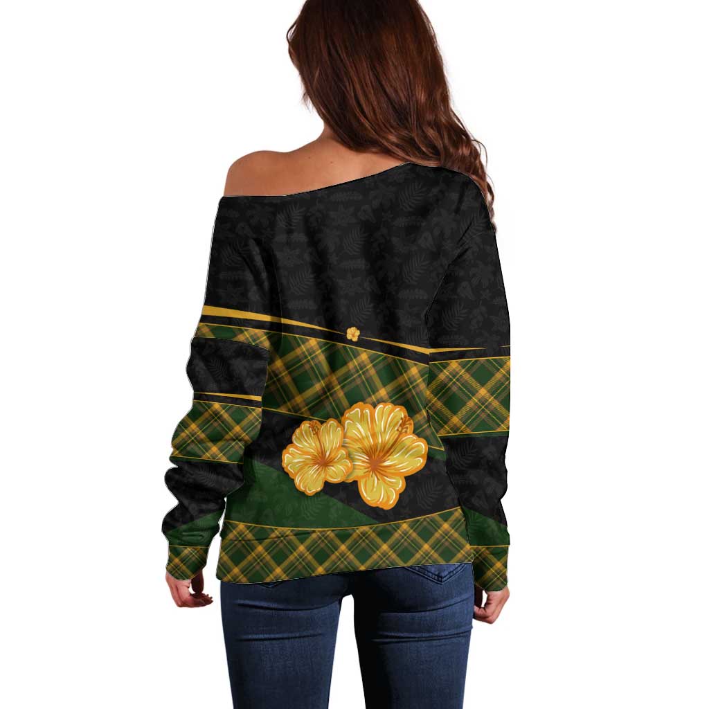 Martinique Heritage Off Shoulder Sweater Hibiscus Floral Design with Green and Yellow Madras Tartan