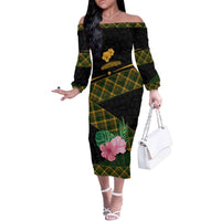 Martinique Heritage Off The Shoulder Long Sleeve Dress Hibiscus Floral Design with Green and Yellow Madras Tartan