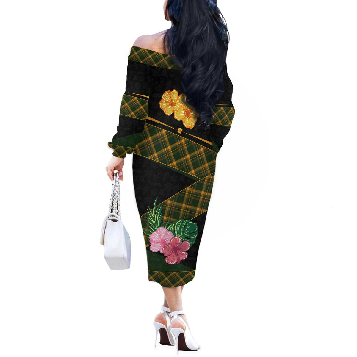 Martinique Heritage Off The Shoulder Long Sleeve Dress Hibiscus Floral Design with Green and Yellow Madras Tartan