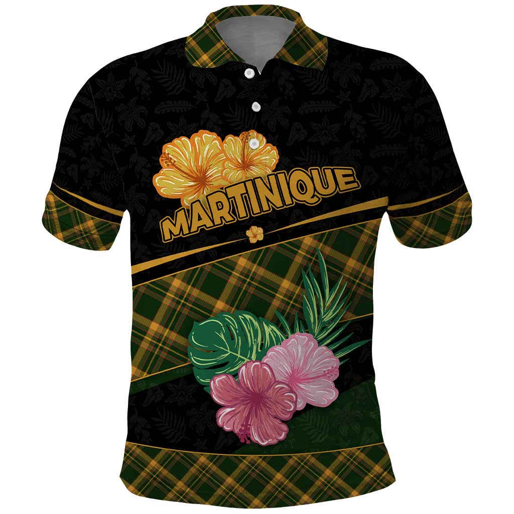 Martinique Heritage Polo Shirt Hibiscus Floral Design with Green and Yellow Madras Tartan