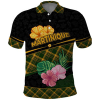 Martinique Heritage Polo Shirt Hibiscus Floral Design with Green and Yellow Madras Tartan