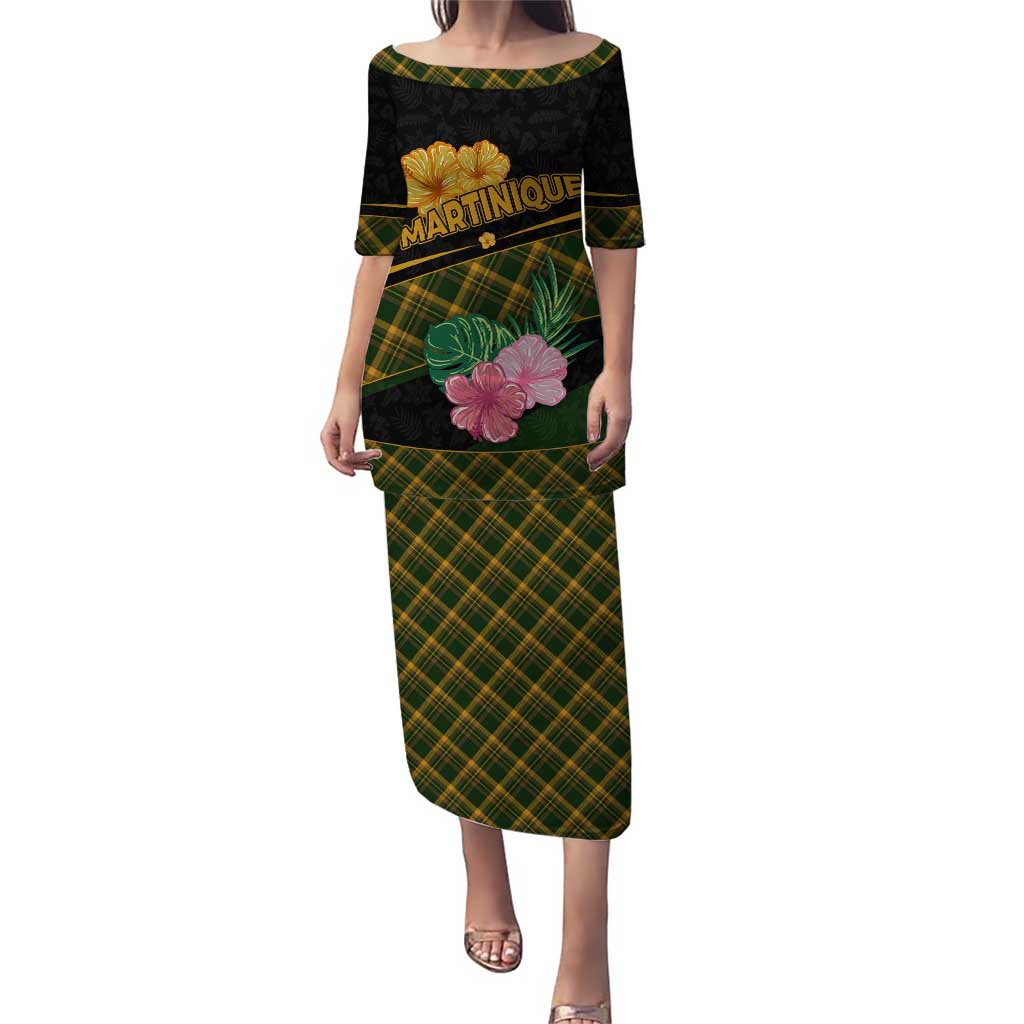 Martinique Heritage Puletasi Hibiscus Floral Design with Green and Yellow Madras Tartan