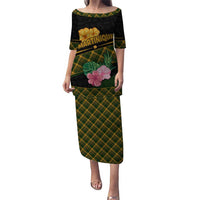 Martinique Heritage Puletasi Hibiscus Floral Design with Green and Yellow Madras Tartan
