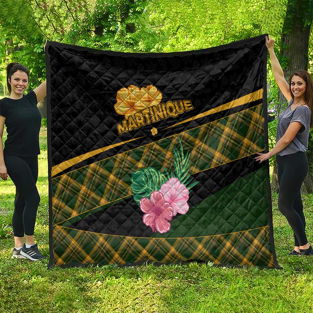 Martinique Heritage Quilt Hibiscus Floral Design with Green and Yellow Madras Tartan