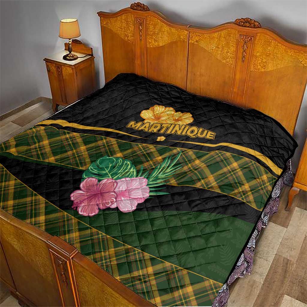 Martinique Heritage Quilt Hibiscus Floral Design with Green and Yellow Madras Tartan