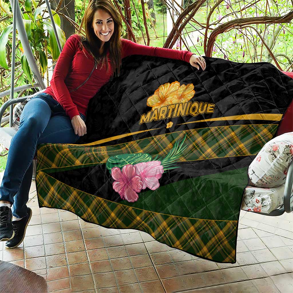Martinique Heritage Quilt Hibiscus Floral Design with Green and Yellow Madras Tartan