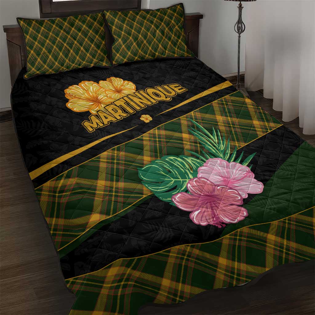 Martinique Heritage Quilt Bed Set Hibiscus Floral Design with Green and Yellow Madras Tartan