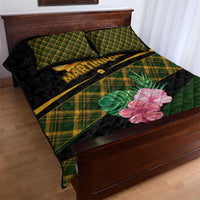 Martinique Heritage Quilt Bed Set Hibiscus Floral Design with Green and Yellow Madras Tartan