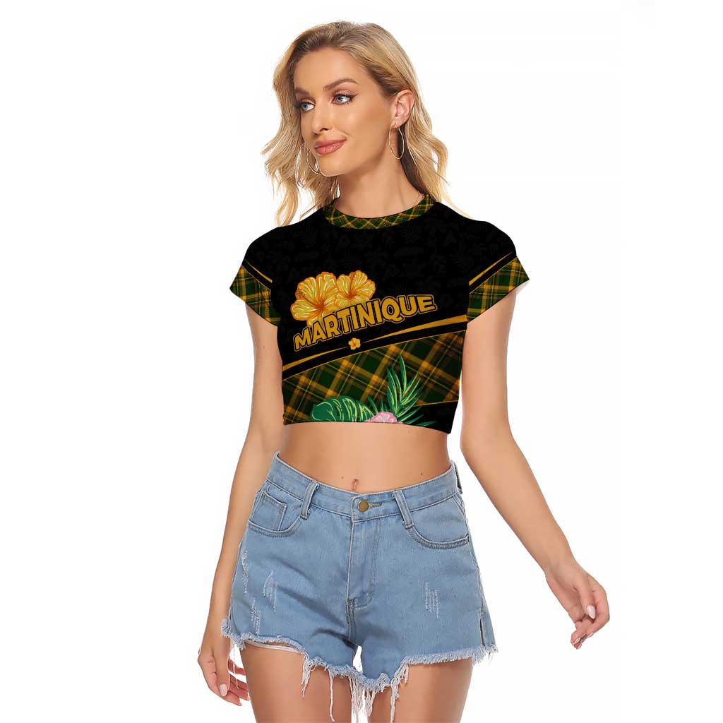 Martinique Heritage Raglan Cropped T Shirt Hibiscus Floral Design with Green and Yellow Madras Tartan