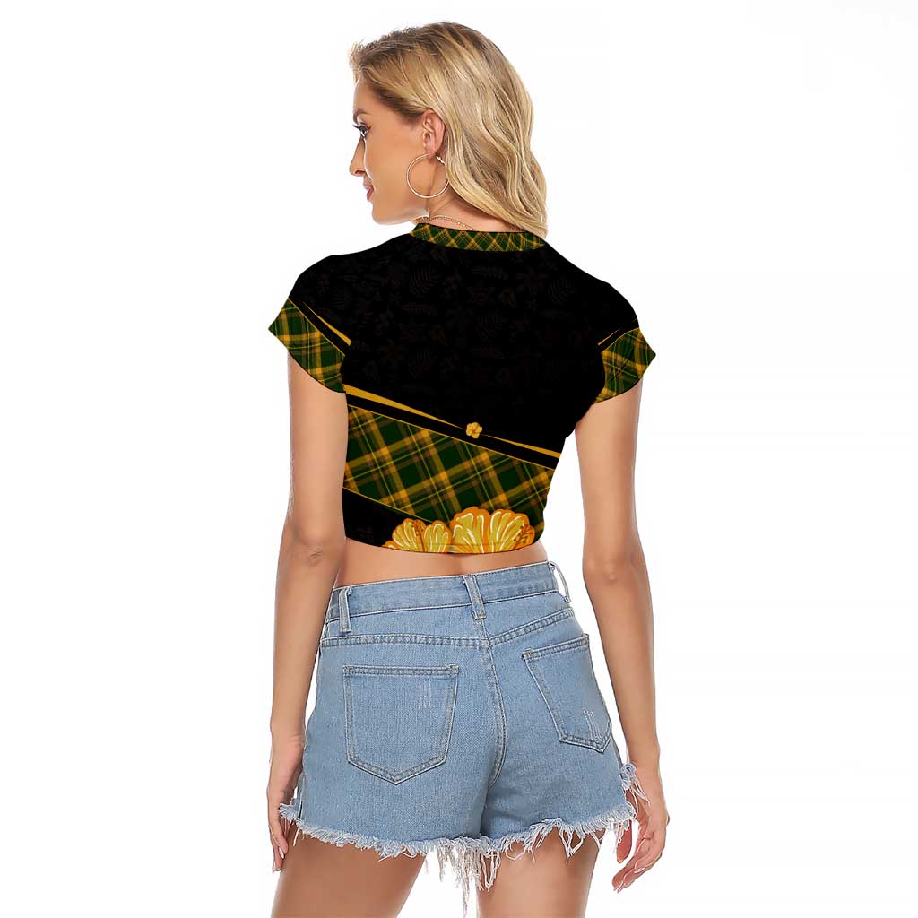 Martinique Heritage Raglan Cropped T Shirt Hibiscus Floral Design with Green and Yellow Madras Tartan