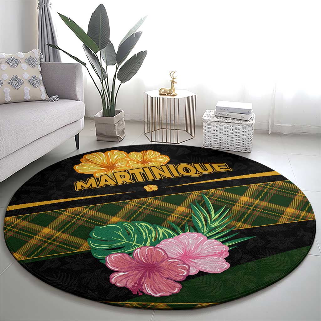 Martinique Heritage Round Carpet Hibiscus Floral Design with Green and Yellow Madras Tartan